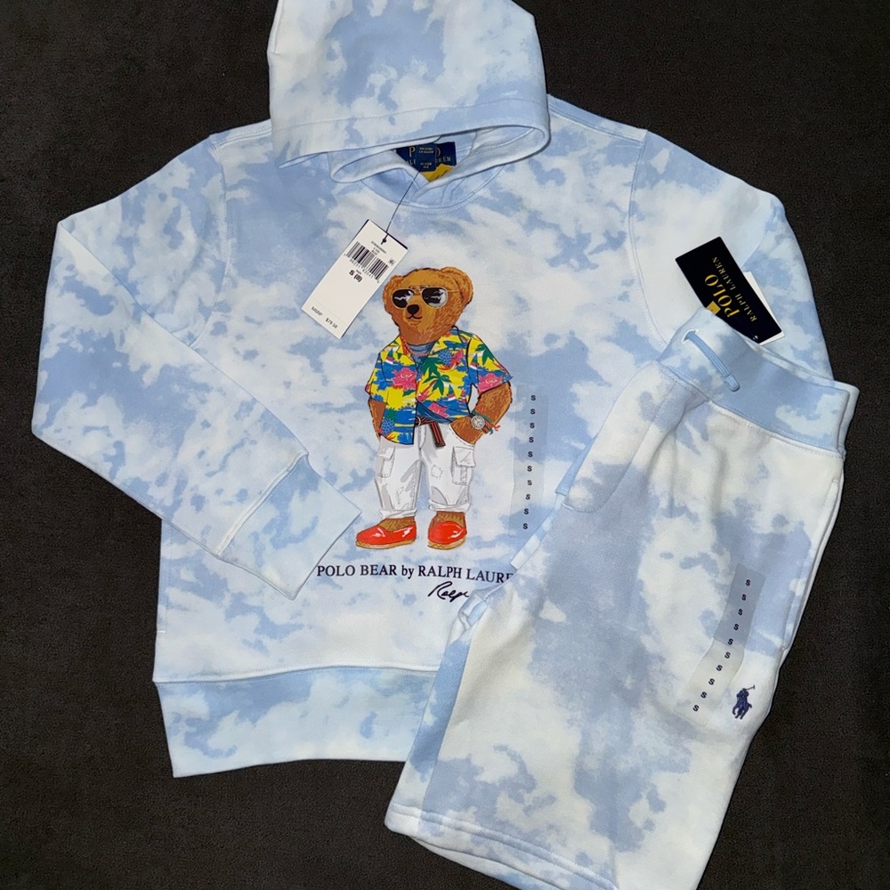 NWT Ralph Lauren Kids Light Blue Tie-Dye Hoodie and Shorts